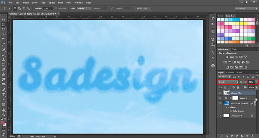 Set the blend mode of this Clouds Effect smart object to Overlay and Opacity to 90%