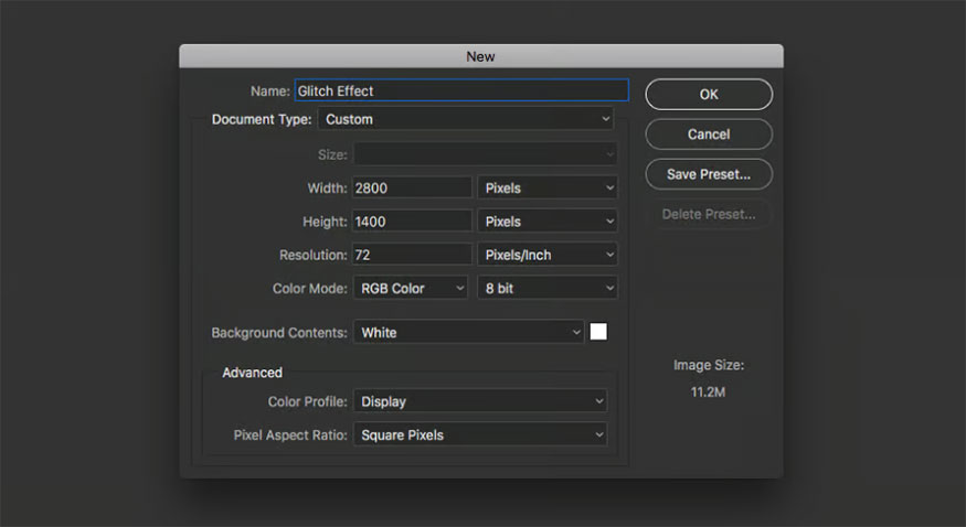 I create a new document with dimensions of 2800 x 1400 px.