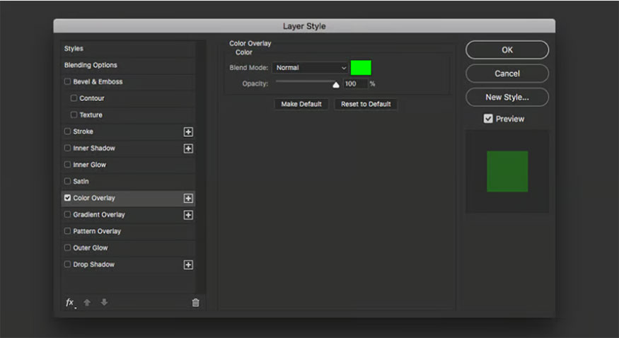Double click on the Green group and change the Color Overlay