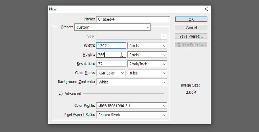 Create a new document with dimensions of 1342 x 755 px.