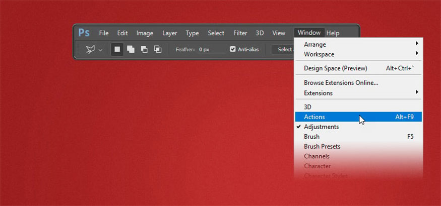 Open the Actions panel => Window => Actions.