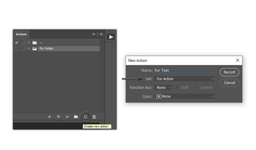 Click the Create New Action icon and name it “Fur Text” => click Record.