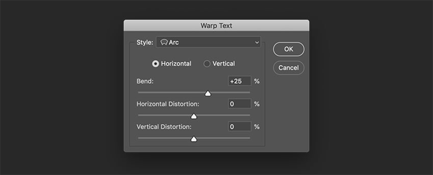 go to the Options bar and select Create Warped Text