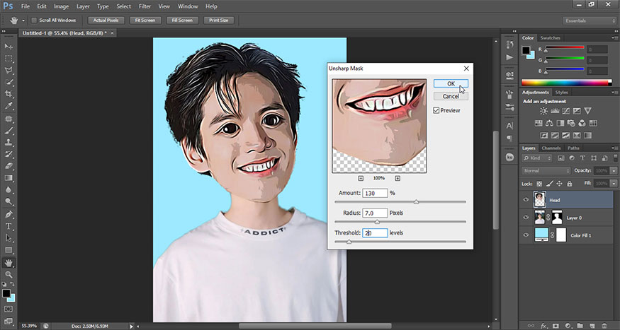 Unsharp Mask. Set Amount to 130, Amount to 7 and Threshold to 20.