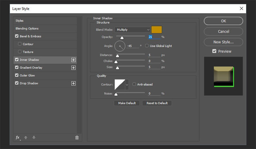 Add Inner Shadow and make the following settings: