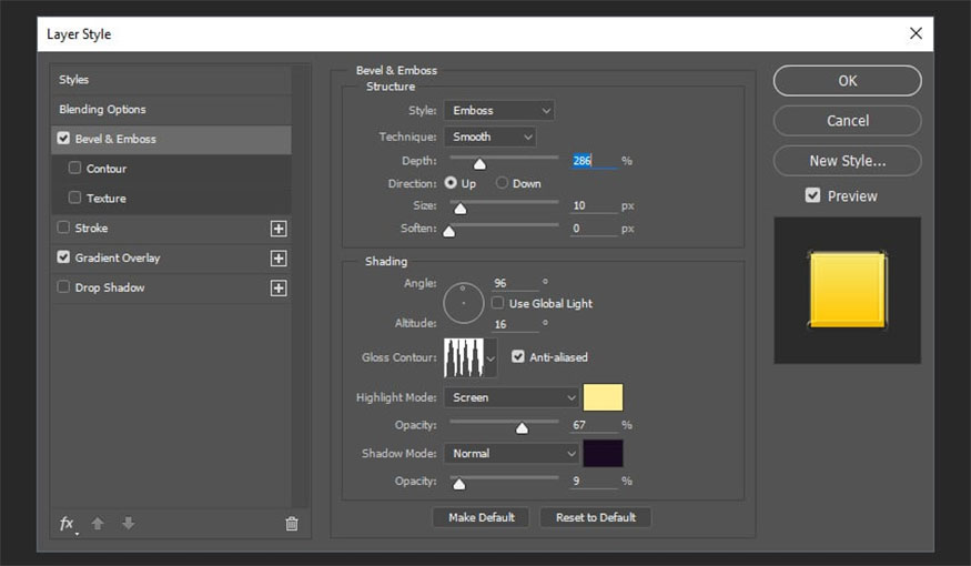Add Bevel & Emboss and make the following settings