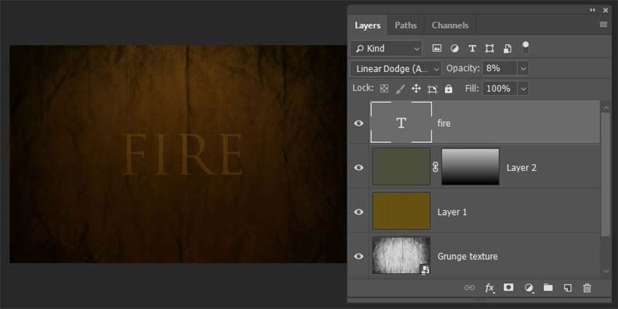 Set the Blending Mode to Linear Dodge and the Opacity to 8%. 