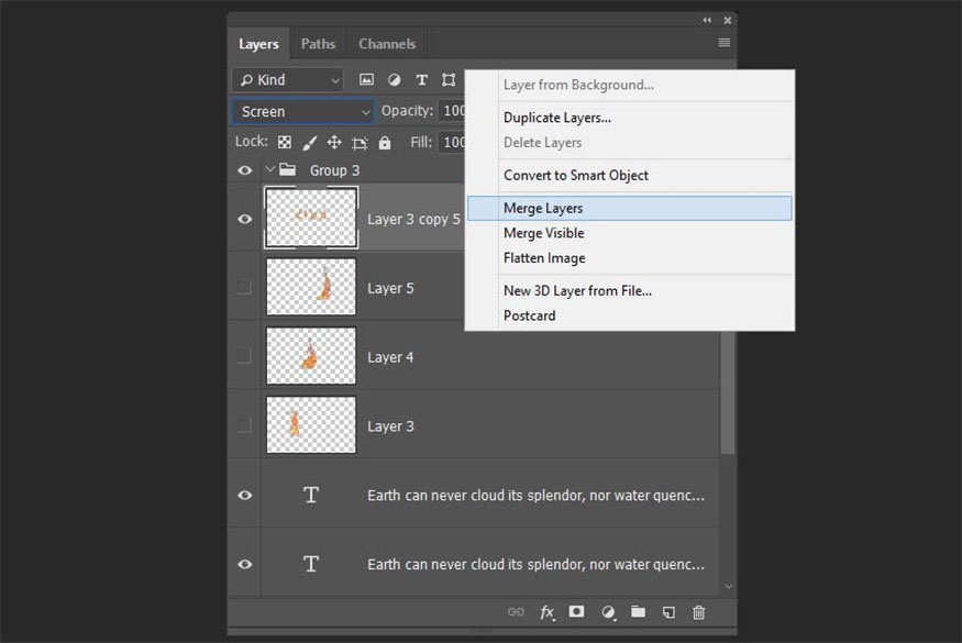 Select all the flame layers and right click to merge the layers