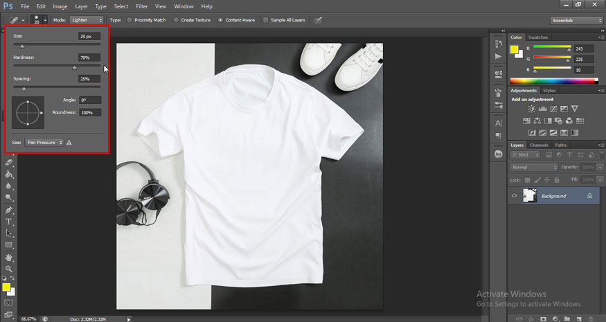 move on to adjusting brush features such as Hardness and Size