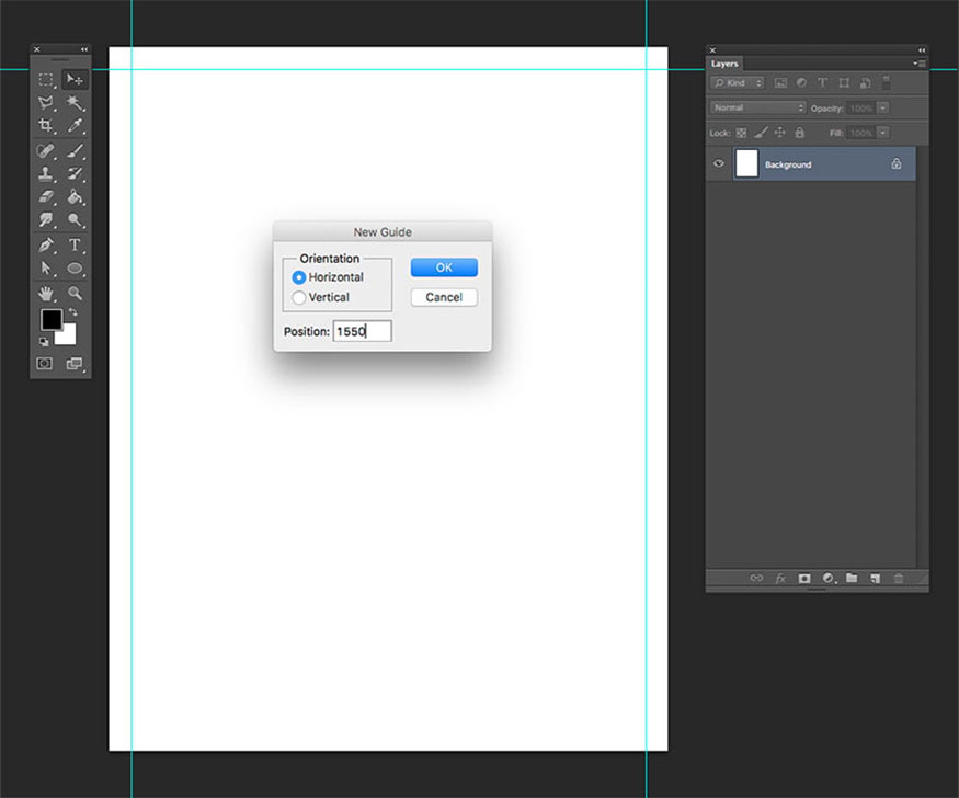 click Horizontal and set the guide to 50px