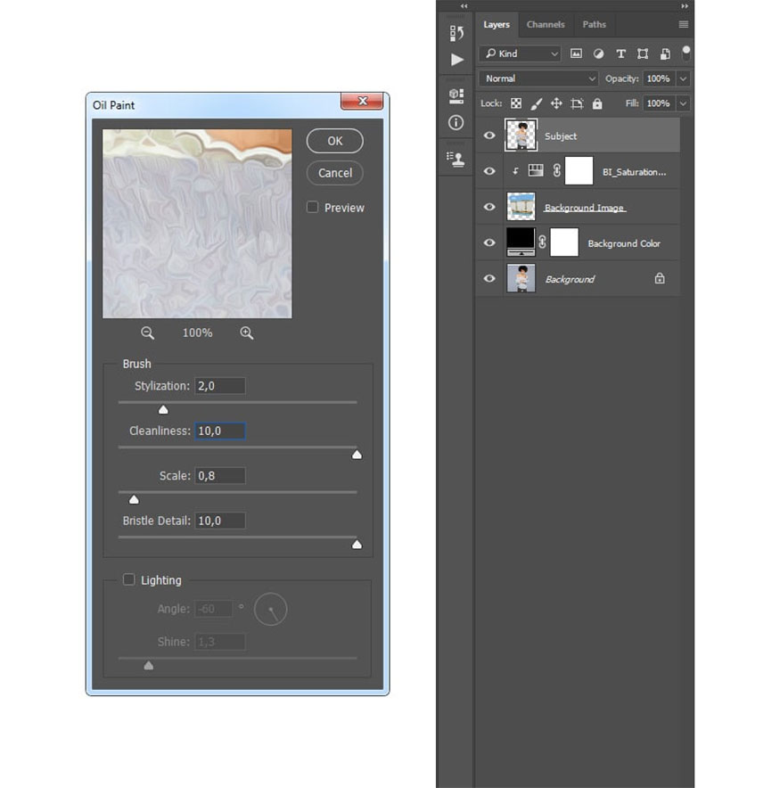 Oil Paint and set Stylization to 2 and Cleaniness to 10, uncheck Lighting.