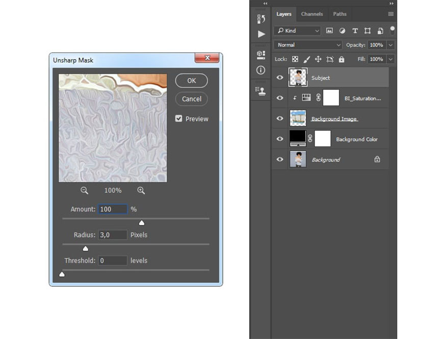 Unsharp Mask and set Amount to 100%, Radius to 3 px, Threshold to 0 level.