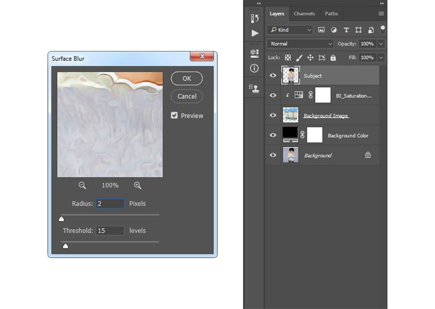 Surface Blur and set Radius to 2 px, Threshold to 15.