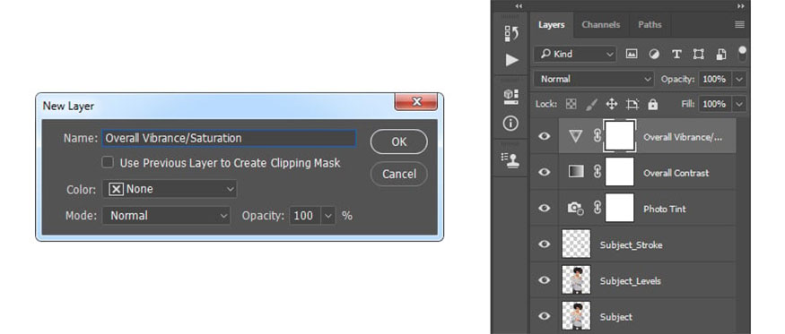 create new vibration adjustment layers and name them “Overall Vibrance/Saturation”.